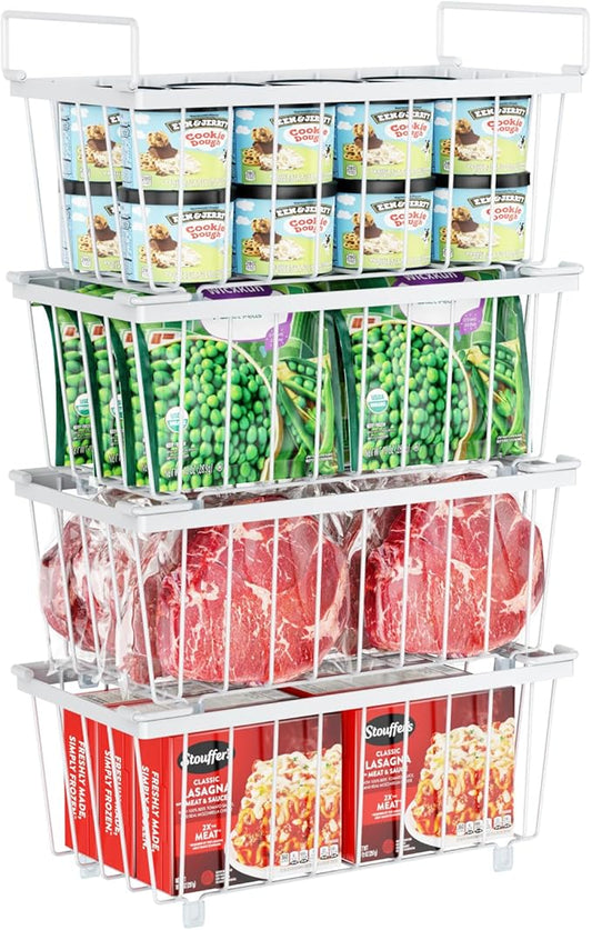 iSPECLE Freezer Organizer Bins, 4 Pack Deep Freezer Baskets for 5 to 7 Cu.Ft, Stackable Wire Chest Freezer Organizer Bins for Small Food, Strong Metal with Handles for Meat and Veggies, White