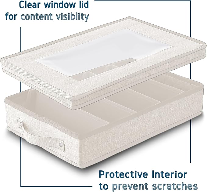 Flatware & Utensil Storage, Durable Silverware Storage Box with Padded Dividers, 5 Compartment Flatware Storage Case, Silverware Case with Handles, Protects and Organizes Cutlery, Cream