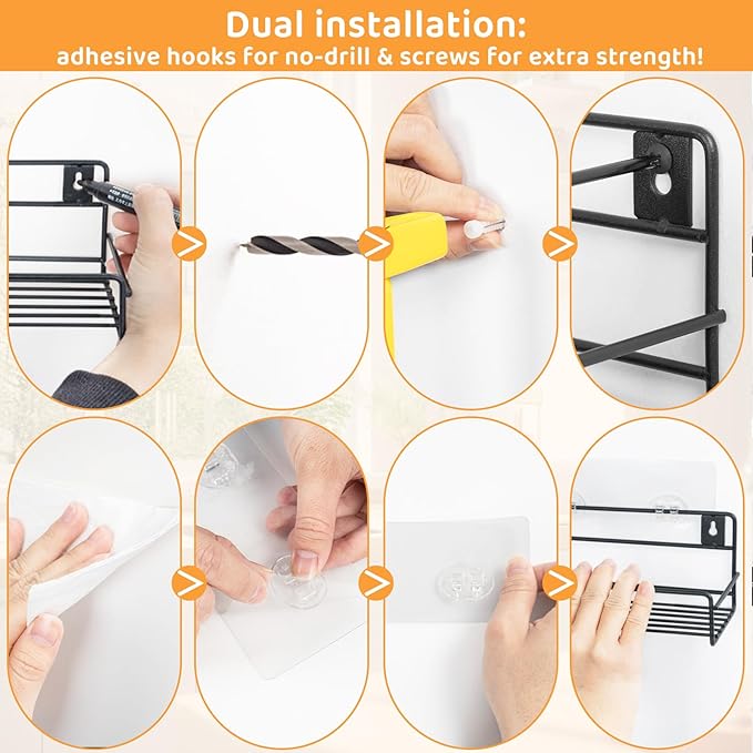 2 Pack Wall Mount Spice Rack Organizer, for Kitchen Pantry Door Storage and Organization, Heavy-Duty Metal Kitchen Spice Rack, Flexible Wall Iron Shelves with Adhesive Hook, Black