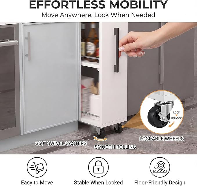 7 Tier Slim Rolling Storage Cart With Wheels,narrow Spice Rack Organizer Cabinet Next To Fridge,space-saving Wood Storage Organizer For Kitchen,pantry,laundry(D 21.65 x H 72.4 x W 9.84 IN, White)
