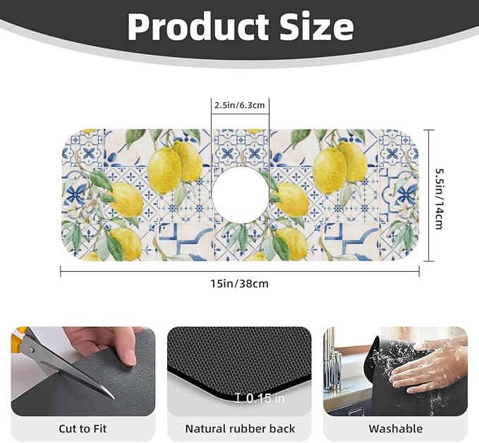 Lemon Mexican Blue Tilt Kitchen Sink Splash Guard Faucet Mat 1 Pcs, Absorbent Fast Drying Mat Gadgets Splash Guard For Bathroom 15 X 5.5 Inches