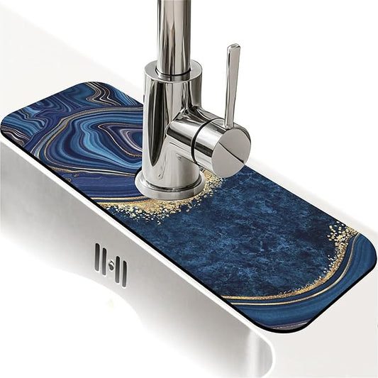 Kitchen Sink Splash Guard，Dark blue gold marble Faucet Mat Sink Gadgets-Super Absorbent Fast Drying Mat Drip Catcher for Kitchen, Bathroom,Sink Mat, Dish Drying Mat, Bathroom(15" X 5.5" )