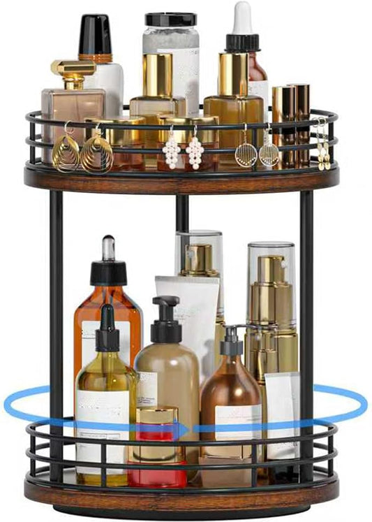 Bathroom Organizer Countertop,2 Tier Rotating Makeup Organizer Countertop for Vanity,Wooden Bathroom Counter Storage Shelf,Lazy Susan Turntable for Perfume,Skincare,Cosmetic (Brown)