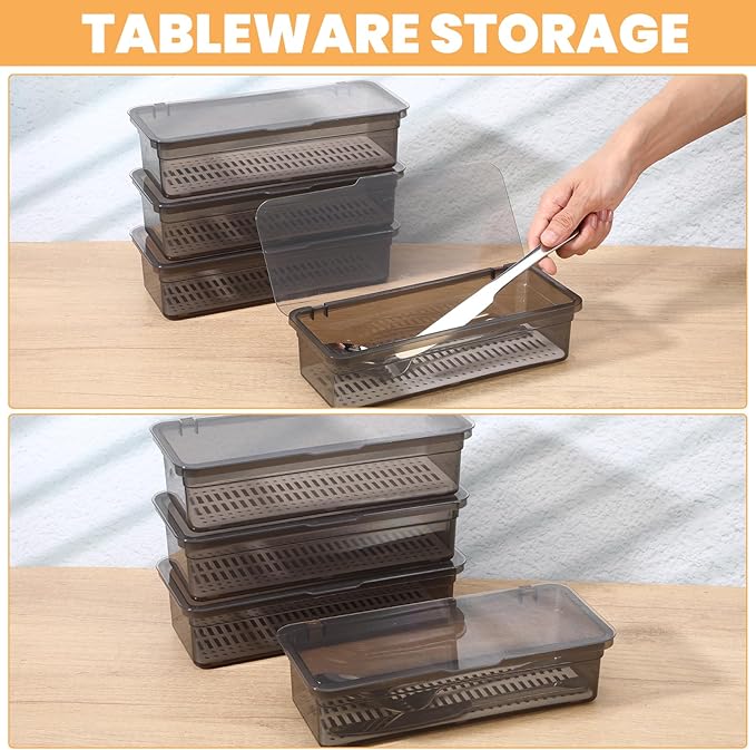 4Pcs Flatware Tray with Lid and Drainer, Large Plastic Silverware Utensil Drawer Organizer Grey Covered Silverware Tray Organizer with Lid for Kitchen Home