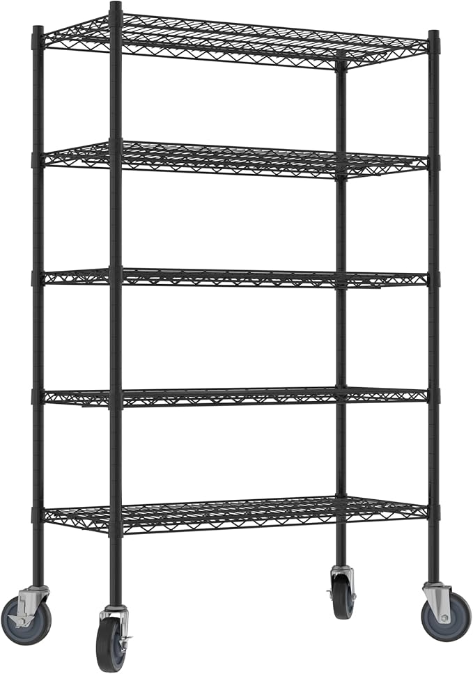 Commercial NSF Listed Black Epoxy Mobile Wire Shelving Kit 18" x 36" x 60", with 5 Shelves Perfect for Warehouse, Walk-in Refrigerator, Freezer, Grocery Store, Restaurant, Dishroom