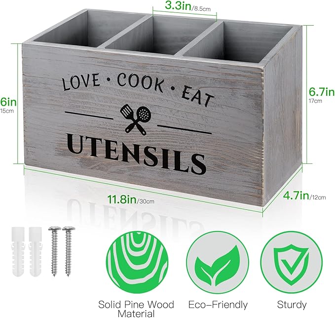 Rustic Wooden Utensil Holder for Countertop - 3 Compartment Farmhouse Heavy-Duty Flatware Caddy & Silverware Organizer - Large Kitchen Decor for Spoons, Forks, Parties, Coffee Bar & RV