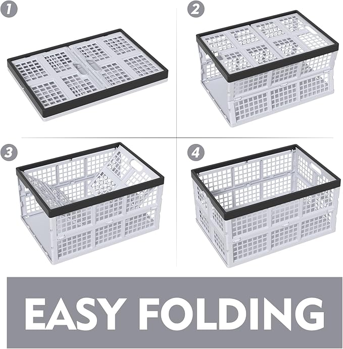Waikhomes Pack of 3 Collapsible Storage Container Crates, Large Folding Basket Box with Handle, Grey, 42 L