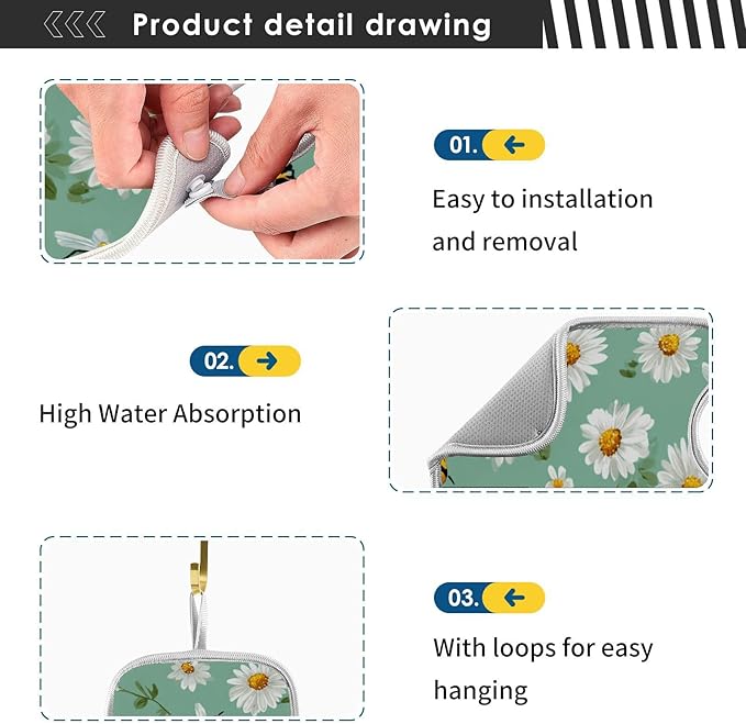 2 PCS Kitchen Sink Splash Guard 30 Inch Faucet Mat for Kitchen Sink Bathroom Sink Faucet Absorbing Drip Drain Mat Pad Microfiber Soft Washable Yellow and Green Daisy Bees