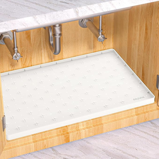 Sdpeia Under Sink Mat 22"×14" Waterproof Silicone Cabinet Liner & Sink Protector for Kitchen & Bathroom, Multi-Purpose Organizers Tray for Pets, Laundry, Cat Litter Mat, White