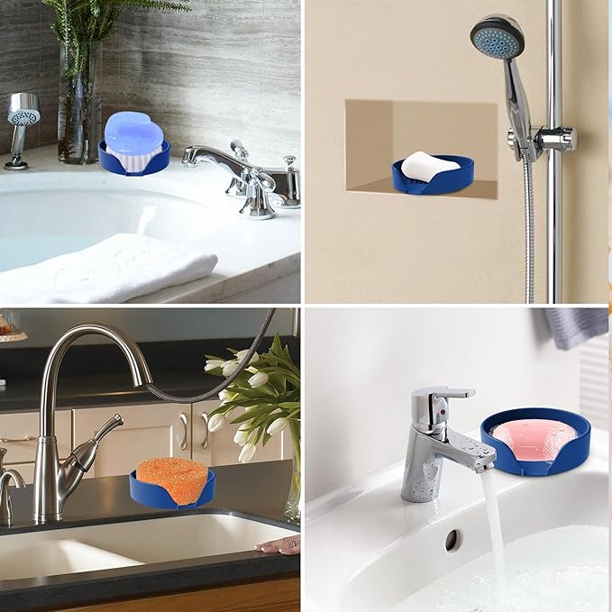 Self Draining Soap Dish, Silicone Soap Holder with Suction Cup and Drain Spout, Kitchen Bathroom Sink Organizer, Dish Soap Bar Tray Savers Sponge Holder, Perfect for Dispenser, Scrubber, Bottle, Cup