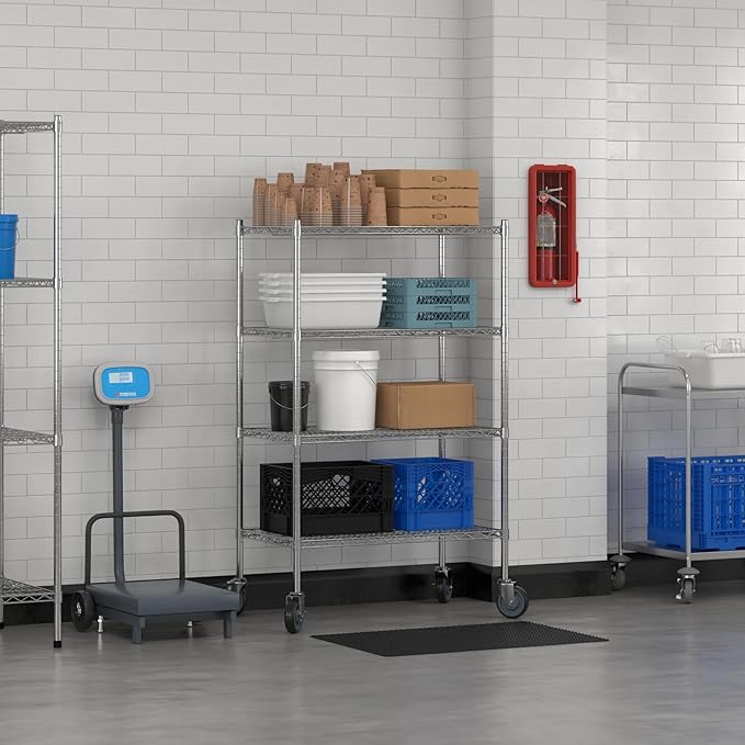 Commercial NSF Listed Chrome Mobile Wire Shelving Kit 21" x 36" x 60", with 4 Shelves Perfect for Warehouse, Walk-in Refrigerator, Freezer, Grocery Store, Restaurant, Dishroom