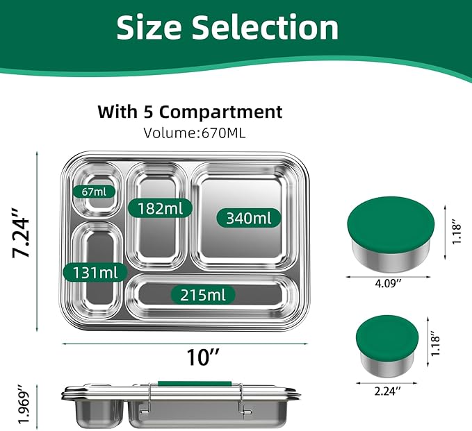 Stainless Steel Bento Box for Adults, 5-Compartments Leak-Resistant Stainless Steel Lunch Container with 2 Container, Dishwasher-Safe,Design for Office Picnics and Travel,BPA-Free Green