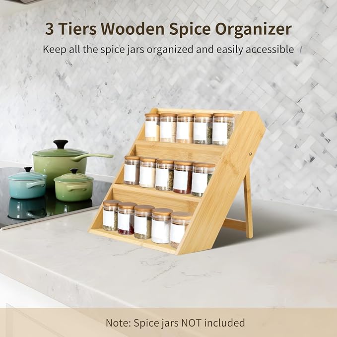Homaisson 3 Tier Bamboo Spice Rack Organizer, Kitchen Countertop Spice Jar Organizer Tiered Spice Shelf Rack for Seasoning Can, 9.8 x 9.8 x 9.8 In