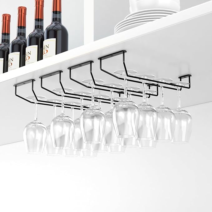 14-Inch Wine Glass Holder - Under Cabinet Metal Stemware Rack for Kitchen Bar - Single Rail Hanging Storage Hanger, Set of 2