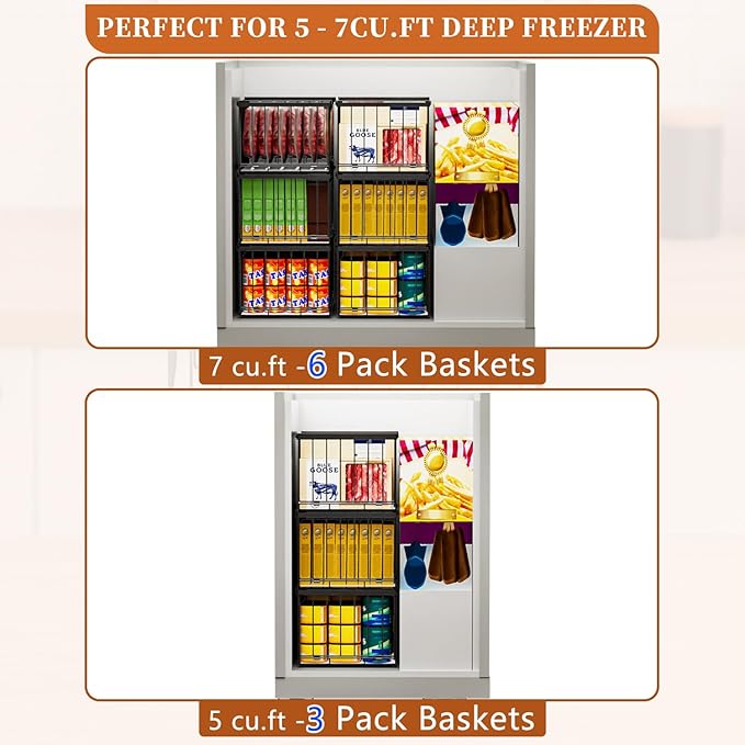 Large Freezer Organizer Bins, Upgrade One-Touch Open/Close, 4 Pack Big Stackable Deep Freezer Organizer Bins, Black Wire Foldable Baskets with Handles, for 5 to 7 Cu.FT Deep Freezer Sort Frozen Meats