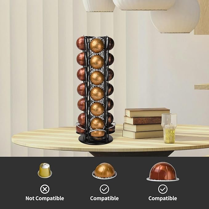 28 Coffee Pods Holder - Black - 360° Spinning Coffee Pod Carousel Stand | Holds 28 Capsules | Compact Countertop Organizer with Silent Rotation, Durable & Modern