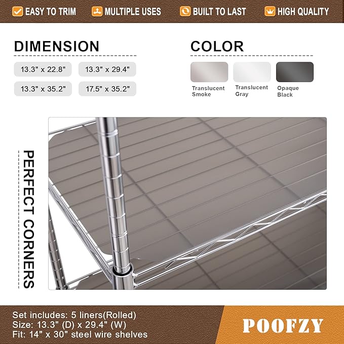 Poofzy Wire Shelf Liner 14 x 30, Set of 5 Shelf Liners for Wire Shelving Plastic Non-Adhesive for Pantry, Kitchen Cabinets (Gray)