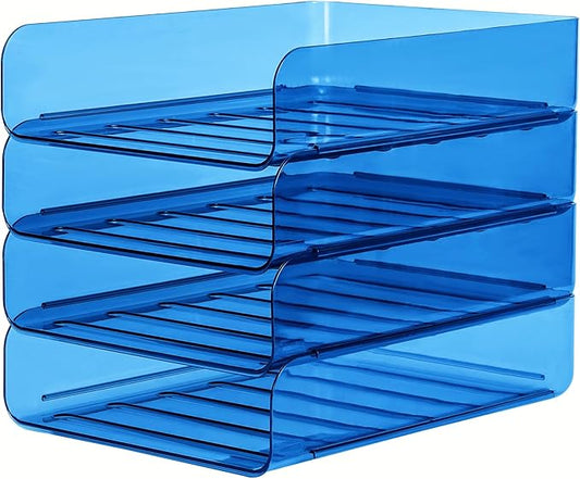 4 Pack Stackable Paper Tray Organizer File Organizer for Desk, Office Organizer and Storage for Desk Accessories, Notes, Books, File Paper, Document, Blue