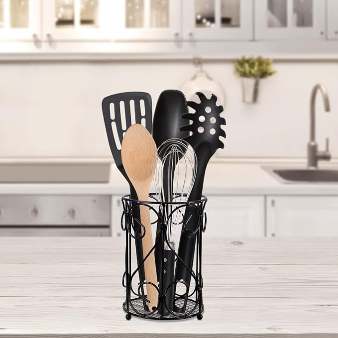 Blue Donuts Vintage Metal Utensil Organizer - Black Farmhouse Counter Holder, Caddy