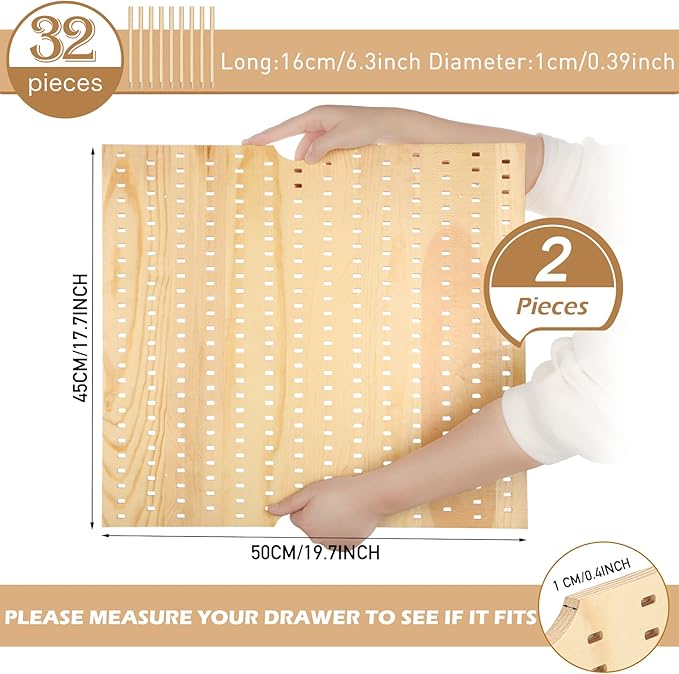Yookeer 17.7 x 19.7 inches jumbo Wood Pegboard Drawer Organizer with 32 pcs Wooden Peg Adjustable Pegboard Wall Shelf and Drawer Organizer for Dish kitchen Plate Containers Cookware Utensils(2 Set)