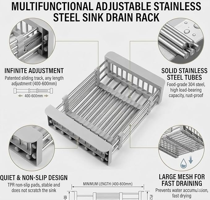 Expandable Over Sink Dish Drying Rack, Stainless Steel Kitchen Organizer, Adjustable Countertop Drainer for Plates, Bowls, Utensils (Gray, Large)