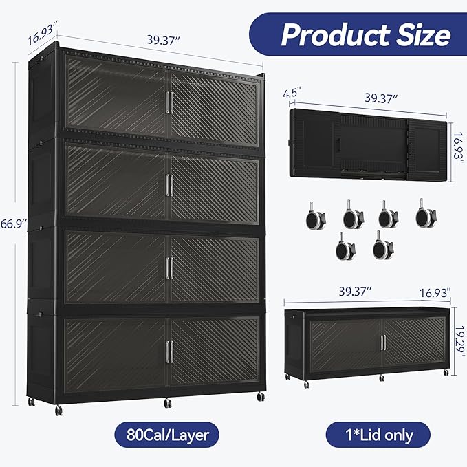 Fangtueh 320 Gallon Extra Large Collapsible Storage Bin with Lid, 960QT Stackable Plastic Organizer with 6x Wheels, Foldable Drawer Cabinet for Closet, Living Room Office, Kitchen 4Pack, Black