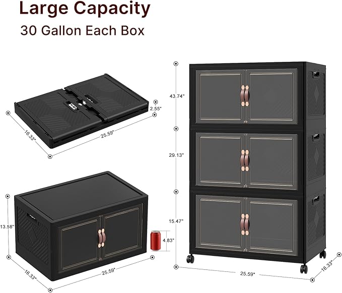 VNVTO 720Qt Stackable Storage Bins with Lids, 6 Pack Large Collapsible Bins with Wheels, Plastic Cabinet with Doors, Foldable Closet Organizers and Storage for Home, Dorm, Office, Black