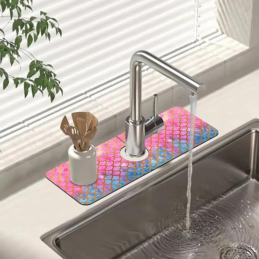 Sink Splash Guard Faucet Mat Watercolor Fish Scales Absorbent Fast Drying Mat Sink Gadgets Splash Guard Behind Faucet Drip Catcher for Kitchen Bathroom 15.5"X5.5"