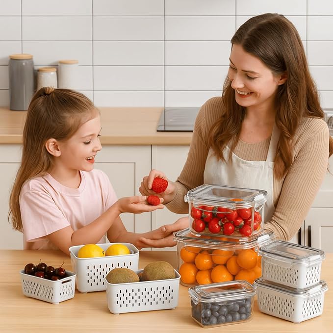 Havnddel 4 Pack Food Storage Containers with Lids – Refrigerator Organizer with Removable Colander & Drain Basket, Airtight Produce Saver for Fruits & Vegetables
