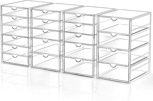 Makeup Drawer Storage Organizer with 20 Drawers, 4 Set Acrylic Office Desk Organization and Storage, Dustproof Drawer Organizer for Makeup, Office, Countertop, Jewelry, Pen, Desktop, Bathroom, Bedroom