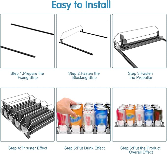 Drink Organizer for Fridge, 18.9x15.0x3.1in Soda Can Dispenser for Refrigerator, 6 Rows Adjustable Automatic Pusher Glide Drink Dispenser for Beer Beverages (Blue)