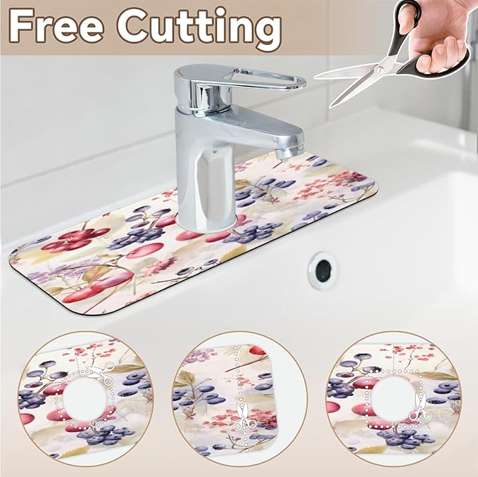 Watercolor Berry Cluster Kitchen Faucet Mat Splash Guard, 15.4”x5.7” Absorbent Quick Drying Sink Mat for Countertop Protection, Draining Mat Sink Protectors For Kitchen Bathroom, 1 Pack