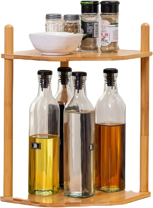 2-Tier Expandable Bamboo Corner Shelf - Dish/Plate Organizer for Cabinet, Kitchen Counter Shelf & Small Kitchen Shelf, Adjustable(1, 11.4" H)