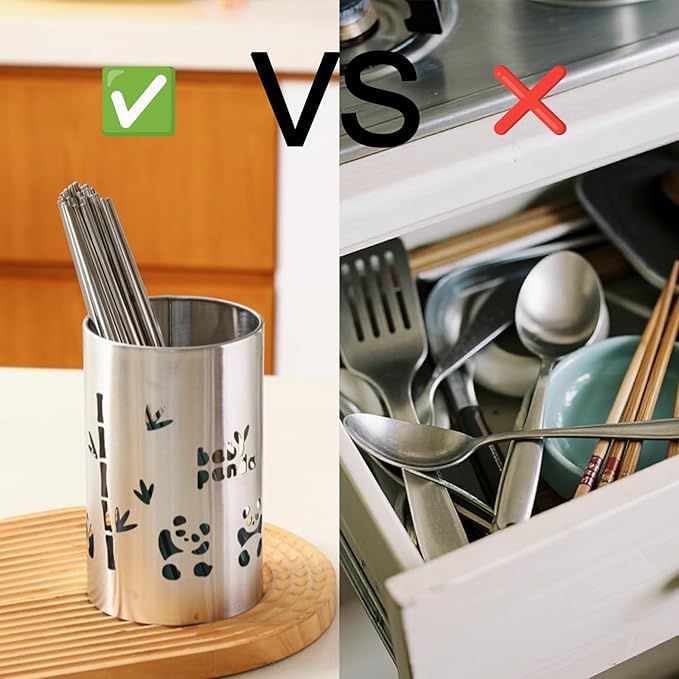 Stainless Steel Utensil Holder - Utensil Caddy, Weighted Base for Stability - Utensil Crock and Countertop Utensil Organizer, Stainless Steel Caddy Panda
