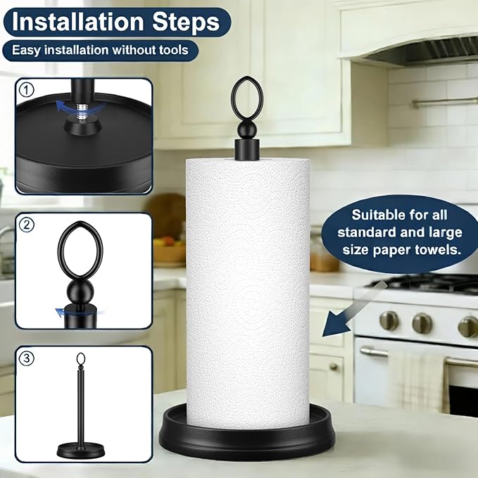 Paper Towel Holder (with Heavy Weighted Base) Steel Paper Holder countertop，Black Paper Towel Holder for Kitchen Countertops, Bars & Dining Tables,Fits Standard & Jumbo Rolls, Matte Black
