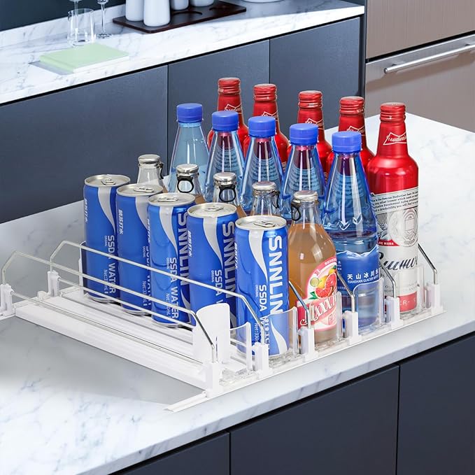Drink Organizer for Fridge，adjustable soda can and bottled beverage dispenser,automatic sliding , soda can organizer，Holds up to 25 Cans，5 Row