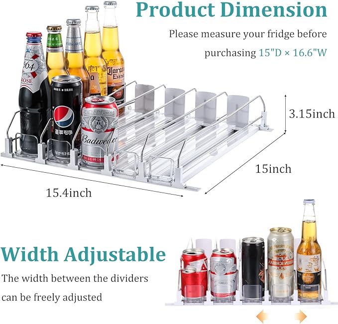 Drink Organizer for Fridge, Soda Can Organizer Dispenser for Refrigerator with Automatic Pusher Glided, Width Adjustable Clear Dividers Can Holder for 6-20oz Beverage, 15''D x15.4''W, 5 Rows