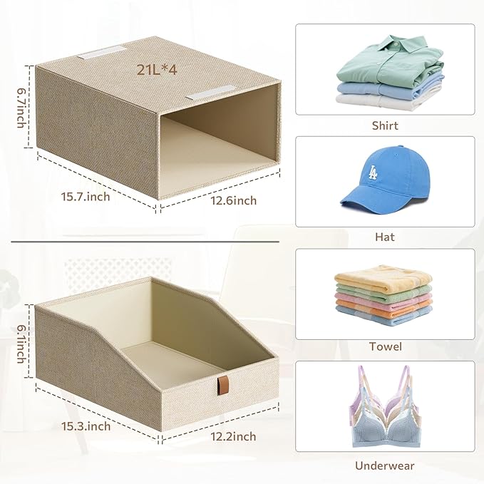 4-Pack Storage Bins with Drawers Large Closet Organizers and Storage Stackable Fabric Clothes Storage Box Collapsible Closet Drawers Organizer for Bedroom Living Room Under Bed (Beige, 21L*4)