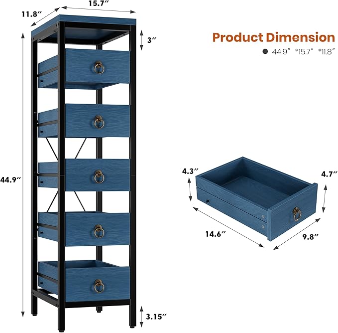 Kitchen Fruit Vegetable Storage Rack, 5-Tier Narrow Snack Fruit Display Stand with 5 Pull-Out Drawers Basket, Utility Organizer Standing Shelf for Kitchen Living Room Bathroom Supermarket, Blue