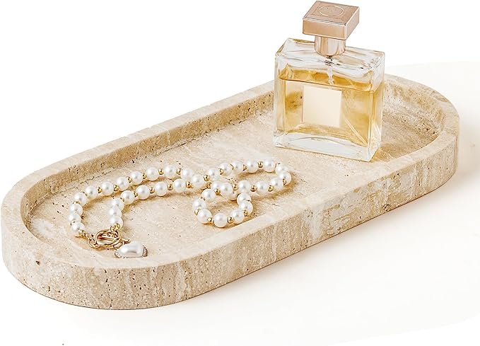 WORHE Marble Vanity Tray 11.8" x 5" Italy Natural Travertine Stone Decorative Trays for Jewelry Candles Perfume, Countertop Storage Organizer for Bathroom Dresser Kitchen Home Decor Beige (WH033)