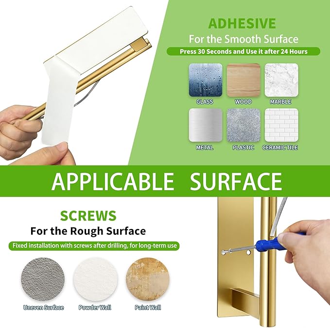 Paper Towel Holder Under Cabinet, Single Hand Operable Tearing Off Paper Towels with Damping Effect, Both Available in Adhesive and Screws, Stainless Steel (Gold)