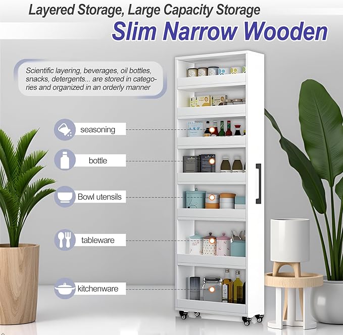7-Tier Slim Storage Cart, Wooden Rolling Pantry Cabinet with Wheels, Narrow Shelf Organizer for Kitchen, Bakers Rack, Dining Room, Closet, Small Spaces Teak 73.2''H*5.9''W*23.6''D