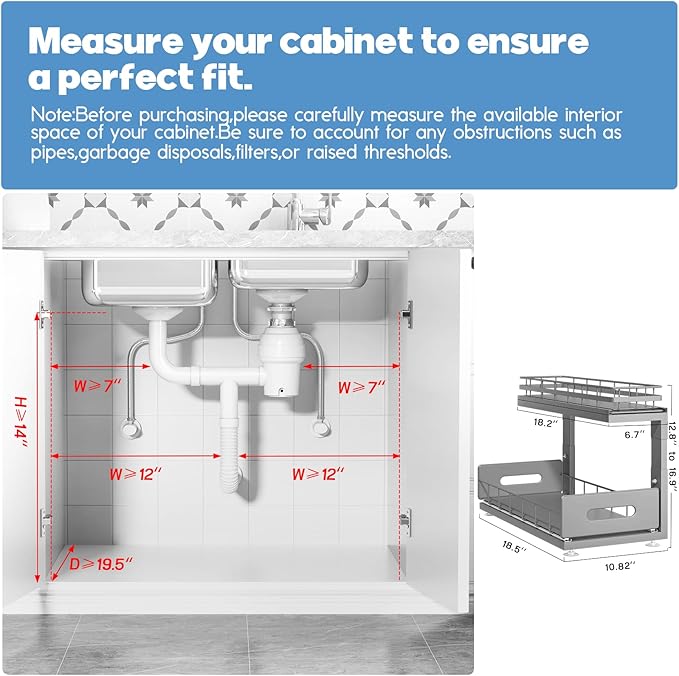 1 Pack 18 IN Depth Under Sink Organizer with Smooth Ball Bearing Slides,2-Tier Pull Out Cabinet Storage,Slide Out Drawers for Bathroom&Kitchen,Rust-resistant Coating,Height Adjustable-Gun Gray