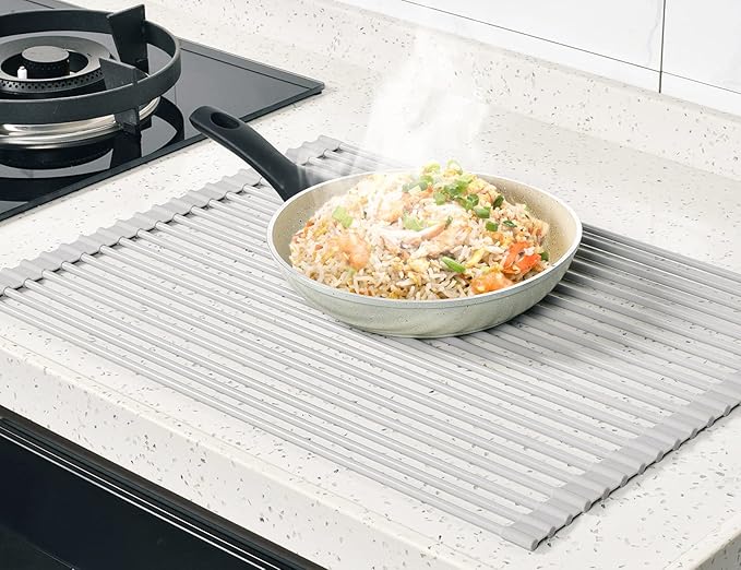 Surpahs Roll-Up Dish Drying Rack, Warm Gray, 20.5" x 15.5", Wide Platform, Fits Sinks up to 19.5", Silicone-Coated Stainless Steel