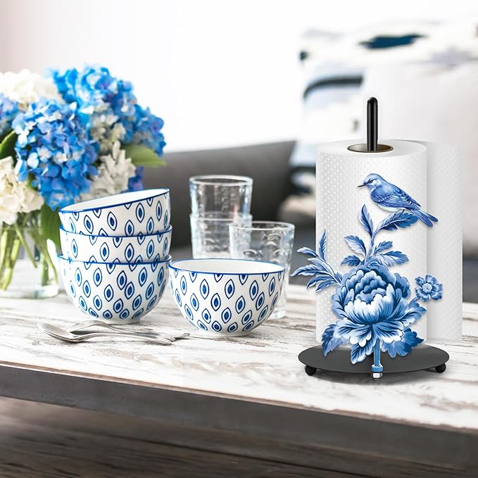 JarThenaAMCS Chinoiserie FreeStanding Paper Towel Holder Vintage Blue Floral Bird Kitchen Decor Accessories Large Metal Towel Holder Stand for Farmhouse Home Party Bathroom Countertop