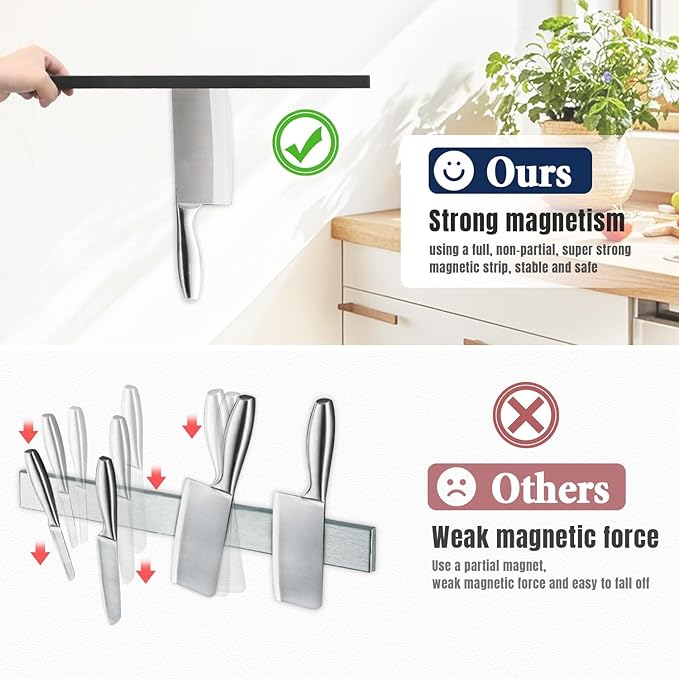 Dmore magnetic knife holder for wall—with 10 hooks, No Drilling 17 Inch black knife magnetic strip, Extra Strong Magnet knife rack, include Adhesive Tape and screws for Knives and Tools