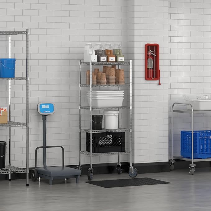 Commercial NSF Listed Chrome Mobile Wire Shelving Kit 14" x 24" x 60", with 5 Shelves Perfect for Warehouse, Walk-in Refrigerator, Freezer, Grocery Store, Restaurant, Dishroom