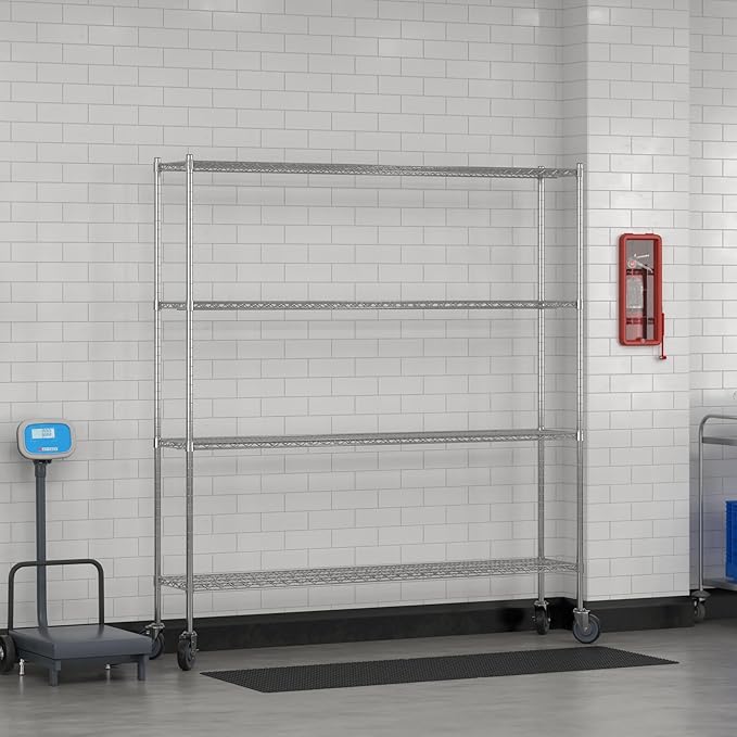 Commercial NSF Listed Chrome Mobile Wire Shelving Kit 14" x 72" x 80", with 4 Shelves Perfect for Warehouse, Walk-in Refrigerator, Freezer, Grocery Store, Restaurant, Dishroom