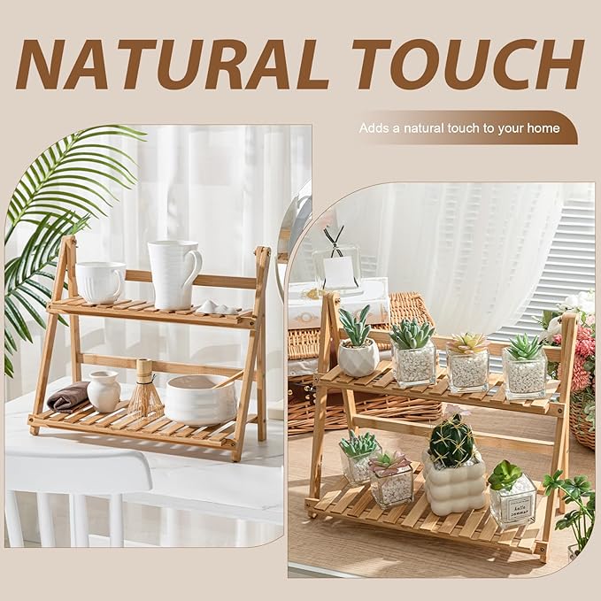 Matcha Station Shelf,15.7'' Coffee Station Organizer, 2 Tiers Bamboo Mug Holder Countertop,Desktop Flower Pot Rack for Home Living Room Window Sill Foldable Display Storage Shelf(Wood)