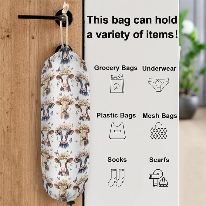 Plastic Bag Holder Butterfly Flower Highland Cow Wall Mount Grocery Bag Holder Wasgable Plastic Bag Dispenser Garbage Bag Organizer for Home Kitchen Decor, Gifts for Women Mom Family Friends